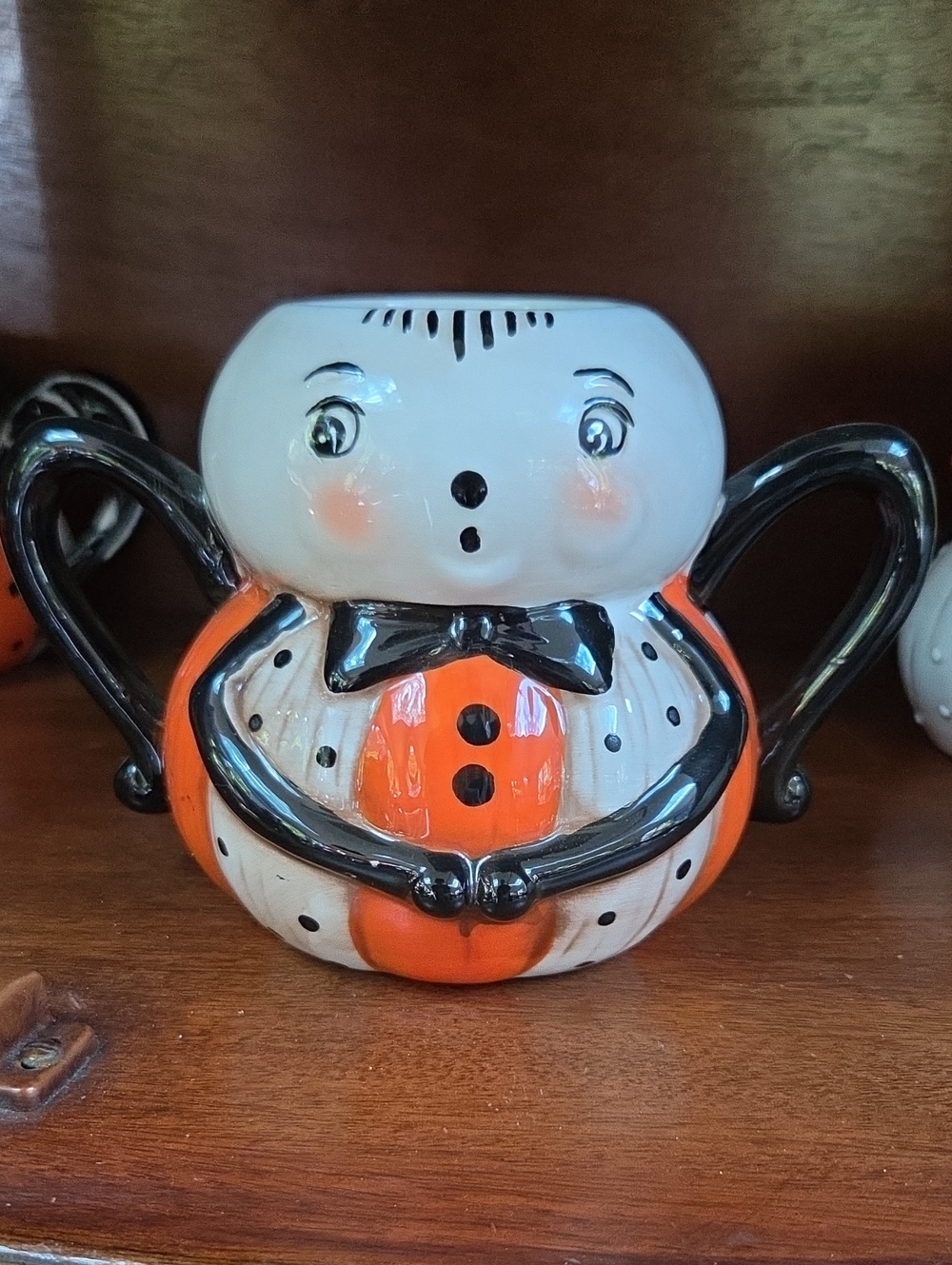 Jihanna Parker Whimsical Orange and White Ceramic Sugar Bowl with Black Accents